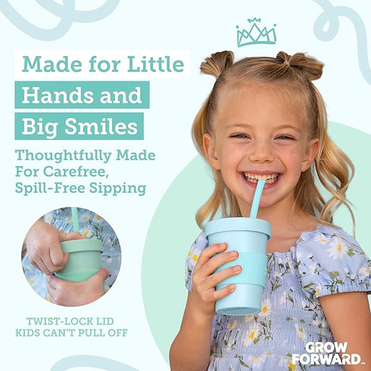 Grow Forward Bamboo Kids Cups with Lids and Straws - 10oz Drinking Cups for Kids with Childproof Twist Lids & Silicone Straws - Eco Friendly, BPA Free, Non Toxic & Dishwasher Safe - Rainforest