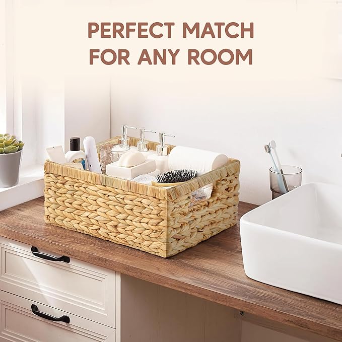 Greenatural Water Hyacinth Storage Baskets Set of 2, Handwoven Rectangular Organizer Trays with Handles in 2 Different Sizes, Nested Wicker Bins for Shelf, Bathroom, Kitchen, Office, Natural Decor