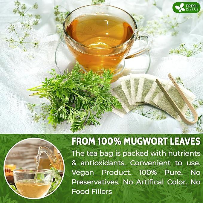 FreshDrinkUS, Premium 25 Mugwort Leaf Tea Bags, 100% Natural and Pure Mugwort Leaves. Loose Leaf Herbal Tea. No Sugar, No Caffeine, No Gluten, Vegan. (25 Tea Bags)
