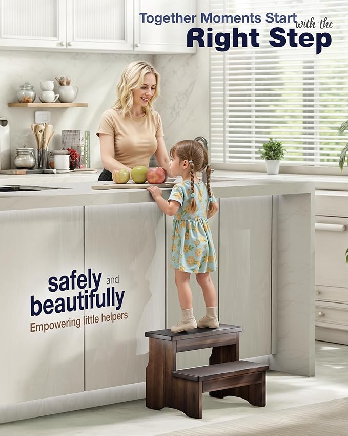 Wooden Two Step Stool, Heavy Duty 2-Step Ladder for Adults & Kids, Supports up to 450lbs for Kitchen, Bathroom or Bedside Use (Walnut Finish)