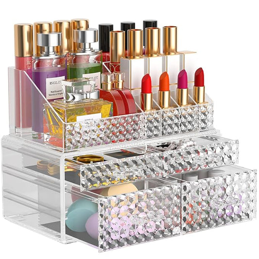 2 Pack Makeup Organizer with Drawers[Upgraded]-Acrylic Make up Organizers and Storage Case for Cosmetics,Brush,Perfume,Jewelry Display, Vanity and Bathroom Accessories