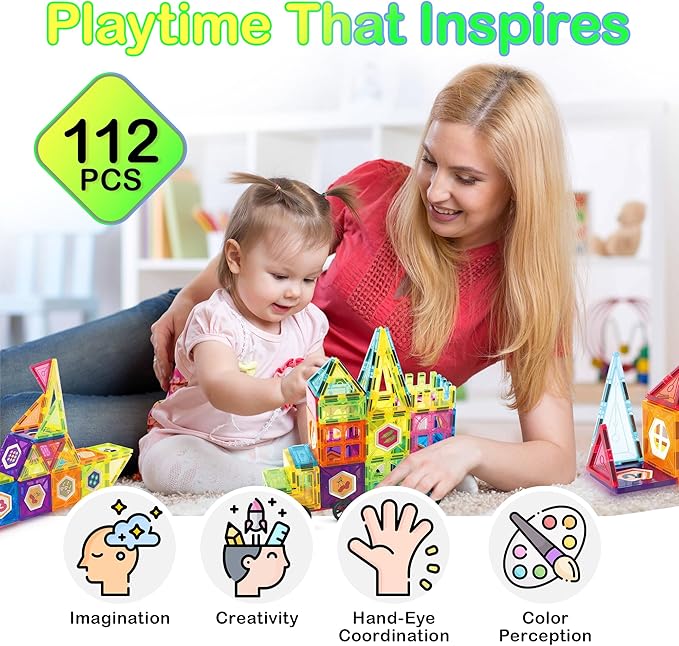 Contixo ST4 Magnetic Tiles - 112 PCs 3D Building Blocks STEM Construction Creativity, Imagination, Recreational, Educational Building Toys for Kids Children Toddler Ages 4-8, Boys and Girls Age 3-5