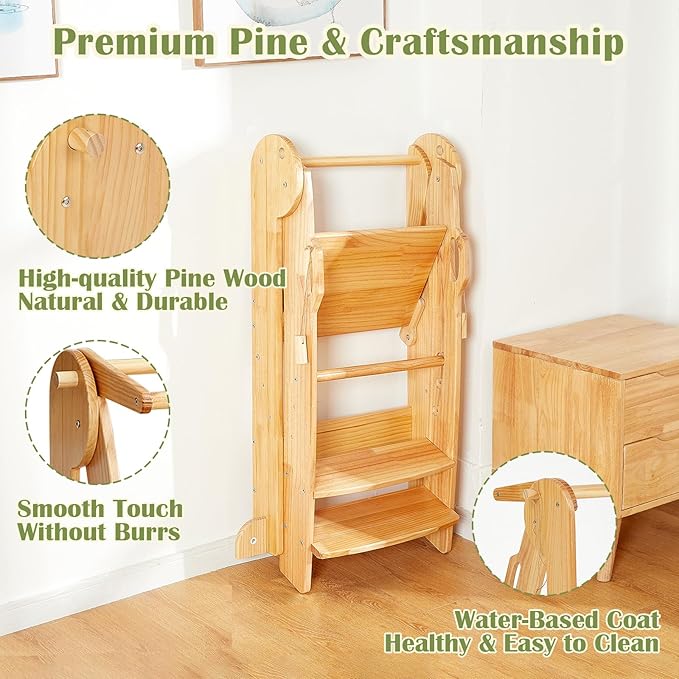 FUNLIO Foldable Montessori Child Standing Tower for Learning, 3 Adjustable Heights Step Stool - Natural