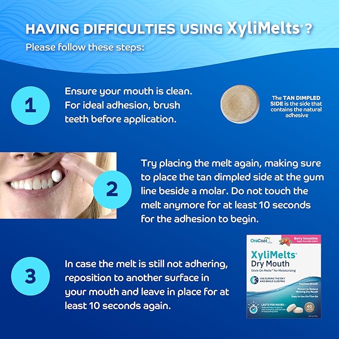 Oracoat XyliMelts for Dry Mouth Night Time or Day - Moisturizing Dry Mouth Adhering Discs, Sugar Free with Xylitol, 40 Count, Berry Smoothie Flavor, 8-Hour Relief