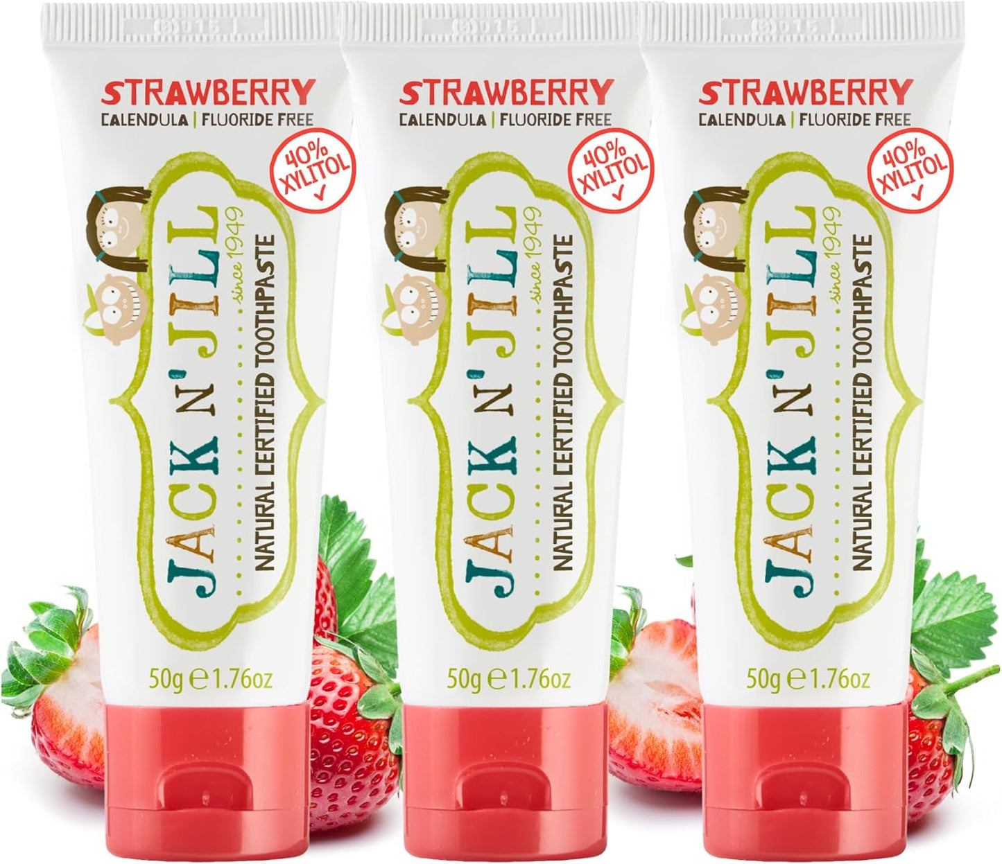 Jack N' Jill Natural Toddler Toothpaste - Fluoride Free Training Toothpaste for Toddlers 1-3, 40% Xylitol, BPA Free - Strawberry, 1.76 oz (Pack of 3)