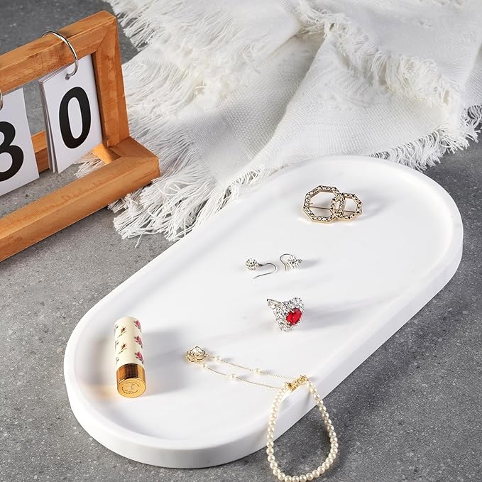 Koville White Marble Oval Tray for Bathroom Countertop, 10" x 5" Natural Marble Vanity Trays, Stone Perfume Organizer Tray for Decor, Jewelry Dish Perfume Trays for Dresser