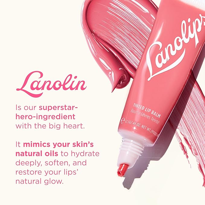 Lanolips Tinted Lip Balm - Moisturizing, Color-Tinted Balm with Lanolin & Vitamin E for Dull, Dry, Cracked Lips, Rhubarb (12.5g / 0.44oz)