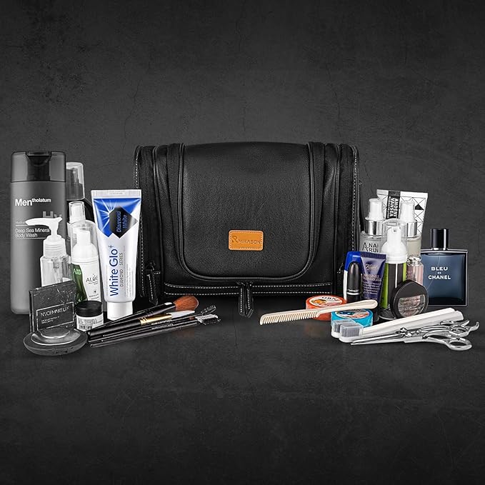 MIRASON Travel Toiletry Bag, Hanging Toiletry Bag for Men, Leather Travel Shower Bag for Toiletries Dopp Kit Bathroom Bag with Metal Hook Gift for Men (Black)