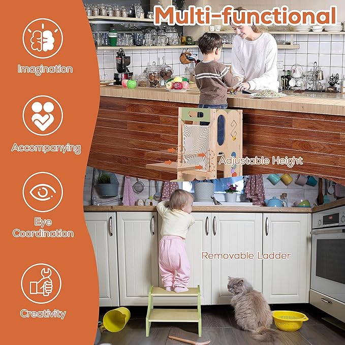 6 in 1 Toddler Tower with Removable Ladder, Foldable Wooden Kitchen Step Stool for Kids, Adjustable Children Helper Tower for Baby, Standing Tower with Safety Equipment and Black Board