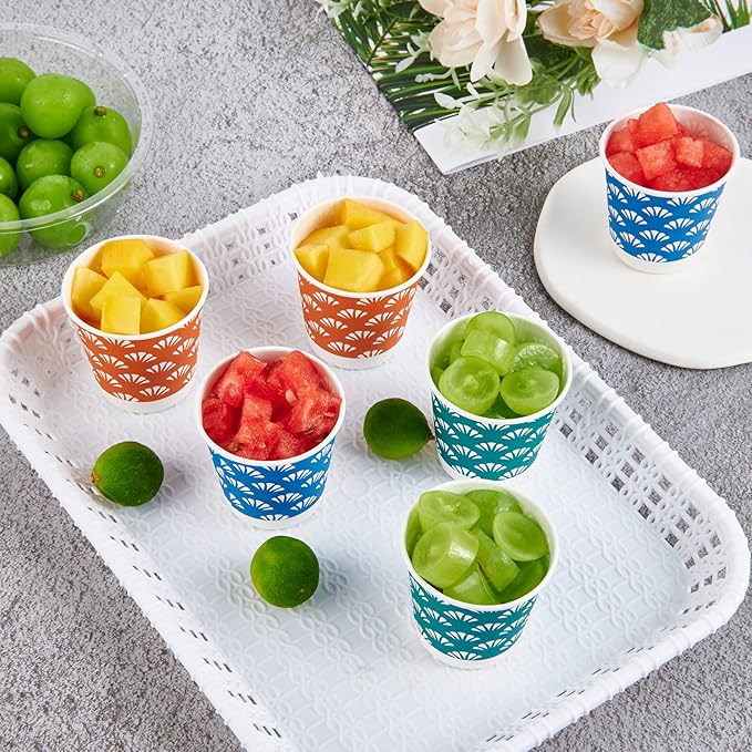 JollyPack 600 Pack 3 oz Disposable Bathroom Paper Cups, Small Mouthwash Cups in Orange, Blue, and Green, Great for Candy, Biscuits, Bathroom Use, Parties, Picnics, and Travel