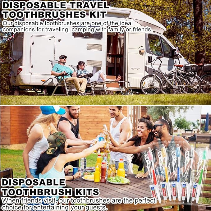 Disposable Toothbrushes with Toothpaste and Floss,100pcs Single Use Individually Wrapped Disposable Travel Toothbrushes and Dental Floss Kit Bulk for Homeless,Airbnb,Dentist,Hotel(5 Colors)