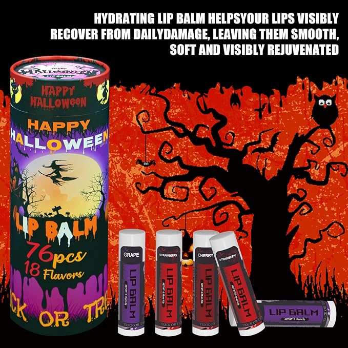Yopela 76 Pack Halloween Natural Lip Balm Bulk with Vitamin E and Coconut Oil Lip Care Set - Moisturizing, Soothing, and Repairing Dry and Chapped Lips