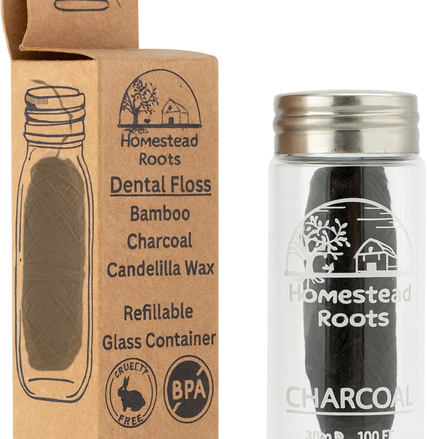 Natural Bamboo Dental Floss 4 Pack - Refillable Glass Containers (100 Feet Each) - Zero Waste, Vegan, Non Toxic, Extra-Strong Charcoal-Infused Floss