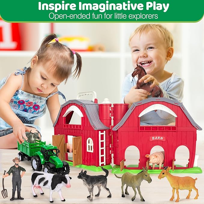 Farm Animals Toys for 1 2 3 4 5 Year old Toddlers Girls Boys, Big Red Barn Farm with Figures Animals and Tractor Toy for Kids, Farm Playset Educational Learning Toys, Ideal Christmas Birthday Gifts