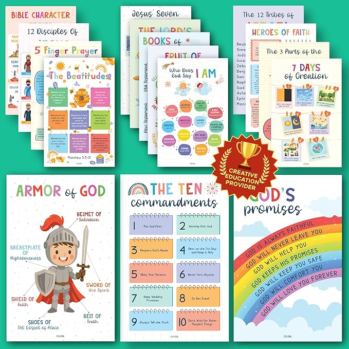 Excool Club Sunday School Decorations For Classroom - 16 Book Of The Bible Posters For Kids, Ten Commandments Fruit Of The Spirit Wall Art, Bible Study Supplies For Christian Classroom Decor (11"x17")