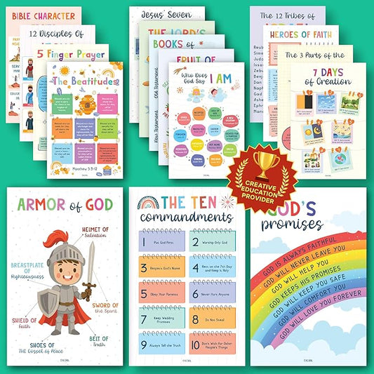Excool Club Sunday School Decorations For Classroom - 16 Book Of The Bible Posters For Kids, Ten Commandments Fruit Of The Spirit Wall Art, Bible Study Supplies For Christian Classroom Decor (11"x17")