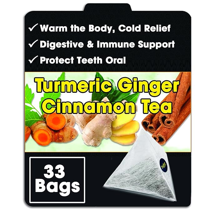 Turmeric Ginger Cinnamon Tea Bags Pyramid with String - Warm Body for Cold Relief, Protect Teeth Oral, inflammatory & Digestive Support - Natural Ingredients, No Additives, No Sugar