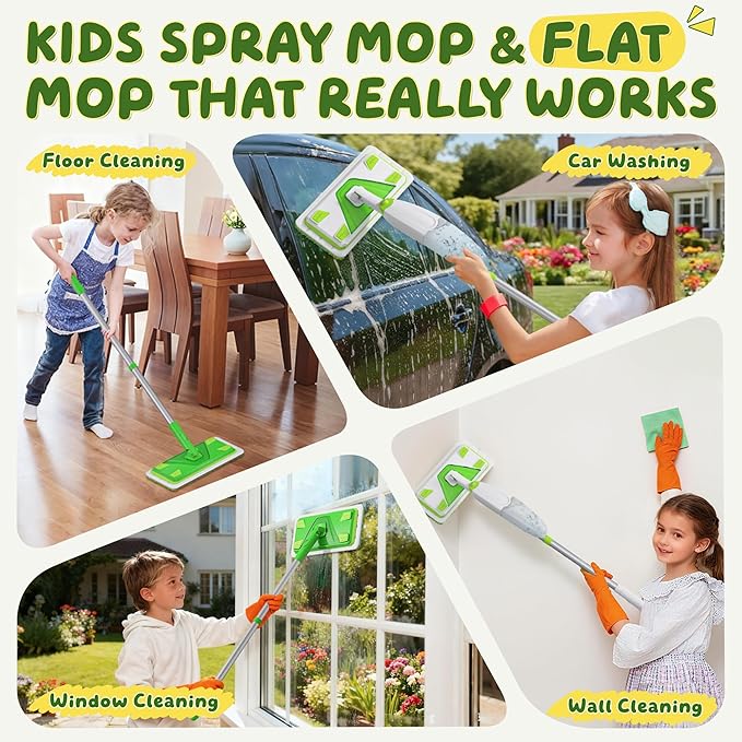 2-Set Toy Mop for Kids - Toddler Real Spray Mop and Flat Floor Mop Montessori Cleaning Toy Set, Educational and Fun Gifts for Boys and Girls Ages 4+