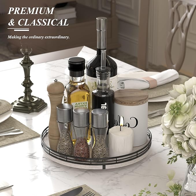 12" Farmhouse Lazy Susan for Kitchen & Coffee Table Decor – Rustic Whitewashed Wood Tray with Black Metal Frame, Decorative Centerpiece for Dining Room, Ottoman, Living Room, Serving or Vanity Use