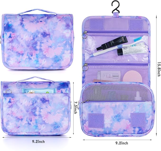 Kids Hanging Toiletry Bag for Girls, Travel Toiletry Bag for Little Young Girls Cosmetic Makeup Waterproof Wash Bag Toddler Traveling Toiletries, Tie Dye Purple