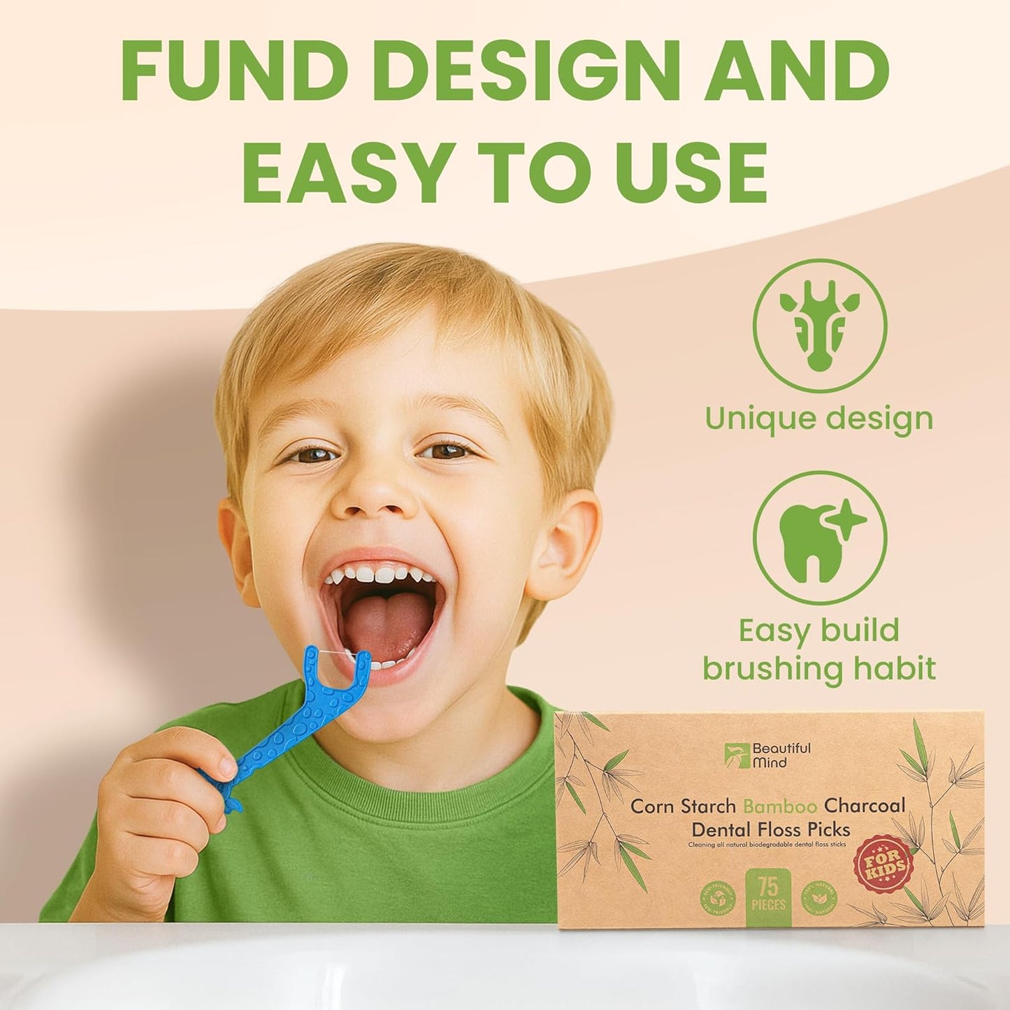 Dental Floss Picks for Kids 75 Pack – Unflavored, No Fluoride Oral Tooth Flossers – Biodegradable Flossing Sticks with Charcoal Infused Thread – Giraffe Toothpick for Toddler Teeth – Travel Case Size