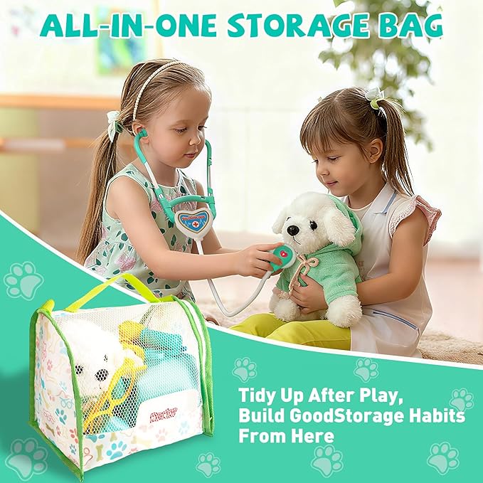 Doctor Kit for Toddlers 3-5, Kids Doctors Pretend Play Set with Plush Dog, Toy Stethoscope Veterinarian Playset for Girls Boys Role Play Vet Kits Christmas Birthday Gift Aged 3 4 5 6 7 Years