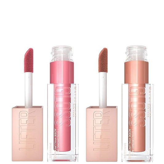 Maybelline Lifter Gloss with Hyaluronic Acid Makeup Bundle, Lip Gloss Set Includes 1 Nude Lip Gloss in Petal and 1 Pink Lip Gloss in Stone