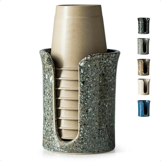 Ceramic Bathroom Cup Holder, Bathroom Cup Dispenser for Dixie Cups 3 Oz Bathroom Cups, Mouthwash Cup Dispenser Small Paper Cups Holder for Bathroom Vanity Countertop, Stoneware Design, Gray