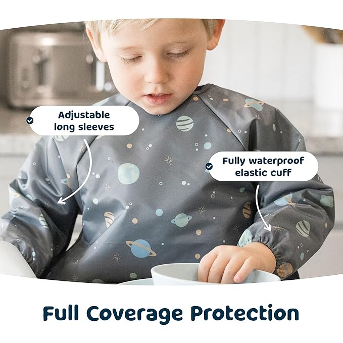 Tiny Twinkle Long Sleeve Bib for Babies & Toddlers – Waterproof Smock Bib for Eating – Machine Washable & Mess-Proof, Baby Feeding Essential & Shower Must-Have(Space, 2-4Y)