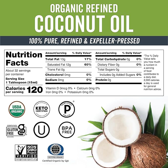 Viva Naturals Refined Coconut Oil, 16 fl oz – Expeller-Pressed, USDA Organic, Neutral Flavor & Aroma, Ideal for Cooking, Baking, Hair & Skin Moisturizer