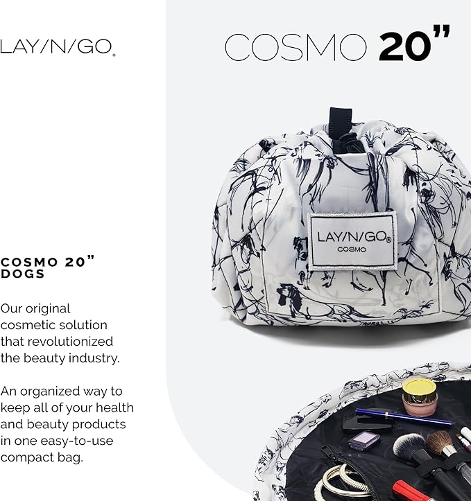 Lay-n-Go Cosmo Layflat Drawstring Cosmetic & Makeup Bag Organizer w/Zipper Pocket, Brush Loops & More, Cinch to Close, Lay Flat to Use, Durable, Machine Wash, Travel Toiletry Bag (20", Dogs)