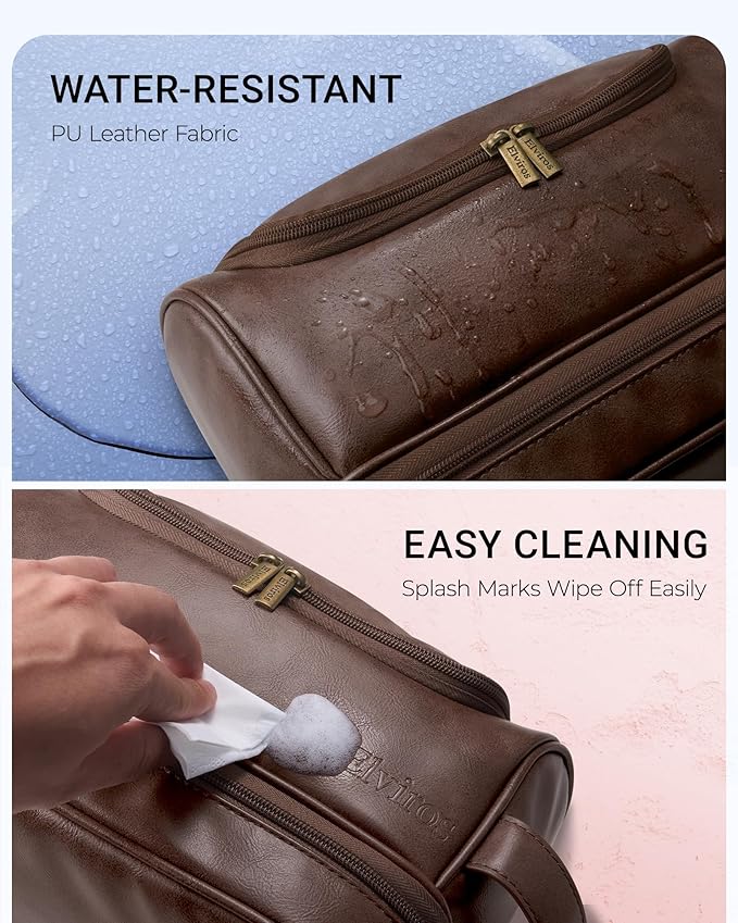 Elviros Toiletry Bag for Mens PU Leather Travel Organizer Kit with Hanging hook, Large Water-resistant Toiletries Bathroom Shaving Bags (Extra Large, Coffee)
