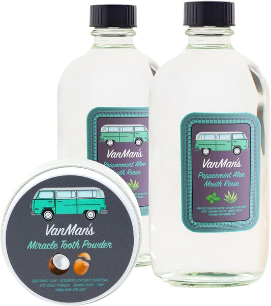 Vanman's - Oral Mouth Care Kit with Powder Toothpaste (2.2 Ounce) and Two Oral Rinse Mouthwash (8.8 Ounce) - Aloe, Mint Remineralizing Mouthwash and Tooth Powder with Coconut Charcoal, Egg Shell