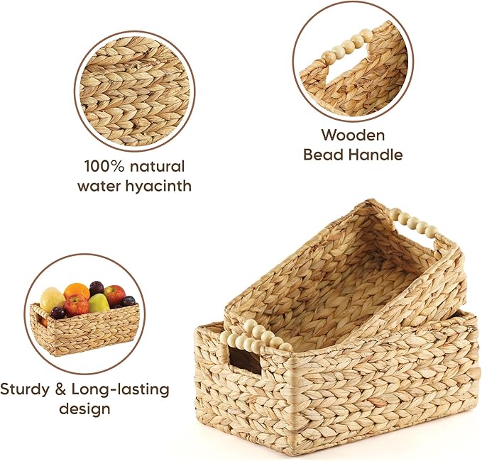 Greenatural Water Hyacinth Storage Baskets Set of 2, Handwoven Rectangular Organizer Trays with Wooden Bead Handles, Nested Wicker Bins for Shelf, Bathroom, Kitchen, Office, Natural Decor