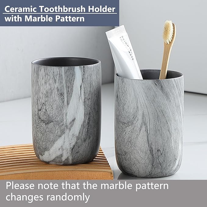 Marble Grey Toothbrush Holders - 2 Ceramic Toothbrush Holders for Bathrooms Toothbrush Toothpaste Holders Set, Grey Bathroom Tumbler Cups Reusable Toothbrush Mouthwash Cup, Bathroom Counter Organizer.