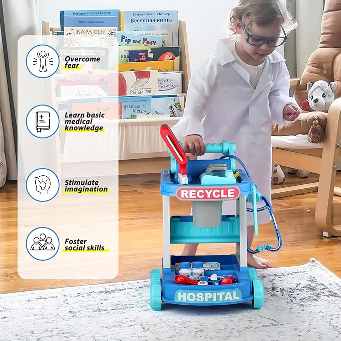 Liberry Doctor Kit for Toddlers Ages 2 3 4 5, Pretend Kids Doctor Playset with Cart, Costume and Stethoscope, Role Play Medical Toys Christmas Birthday Gift for Girls Boys (Green)