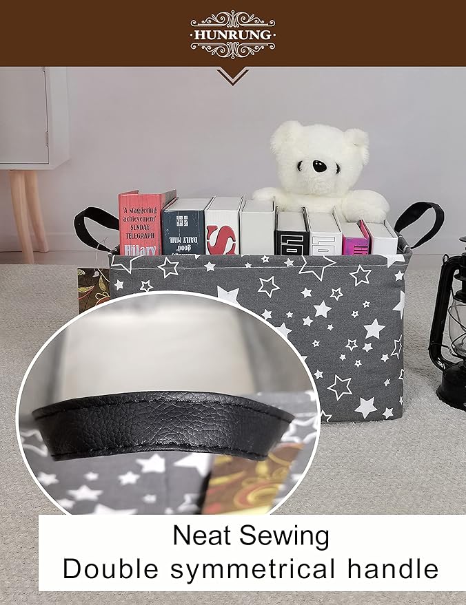 HUNRUNG Rectangle Storage Basket Cute Canvas Organizer Bin for Pet/Children Toys, Books, Clothes Perfect for Rooms/Playroom(REC-Grey star)