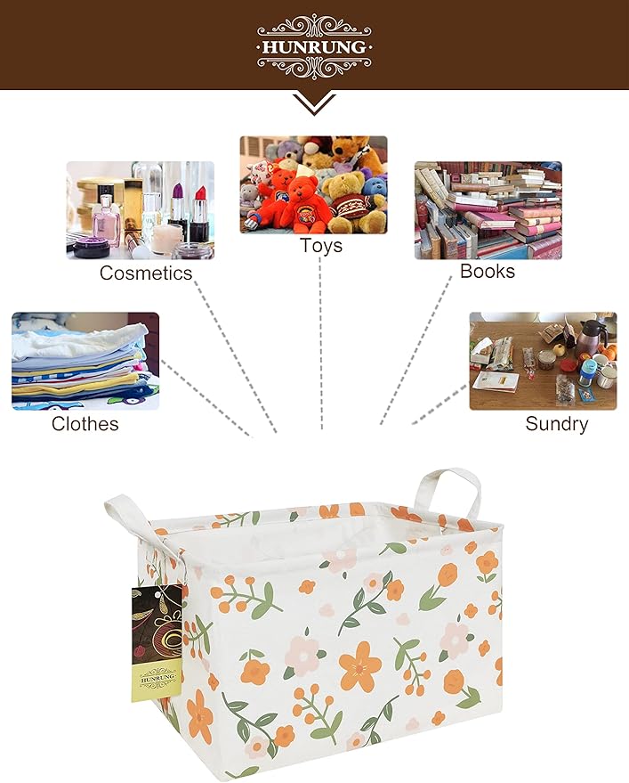HUNRUNG Rectangle Storage Basket Cute Canvas Organizer Bin for Pet/Children Toys, Books, Clothes Perfect for Rooms/Playroom(Rec-Orange Flower)