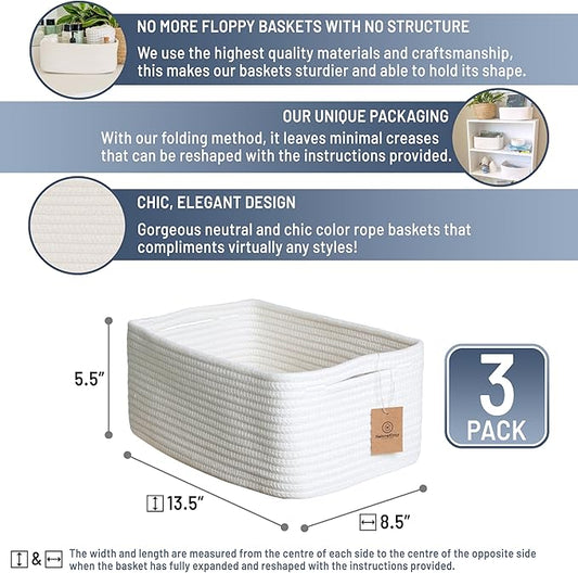 NaturalCozy 13.5”x8.5”x5.5” Storage Baskets for Shelves 3 Pack | Cotton Rope Woven Small Baskets for Organizing | Small Storage Bins for Nursery, Bathroom, Closet, Cube Shelf, Decorative, Gift