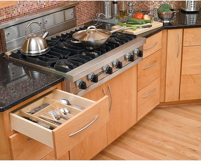 Rev-A-Shelf Trim-to-Fit Silverware Drawer Organizer For Kitchen Utensil Cutlery Cabinet Storage, Natural Maple Wood 7 Compartment Tray Insert, 4WCT-1