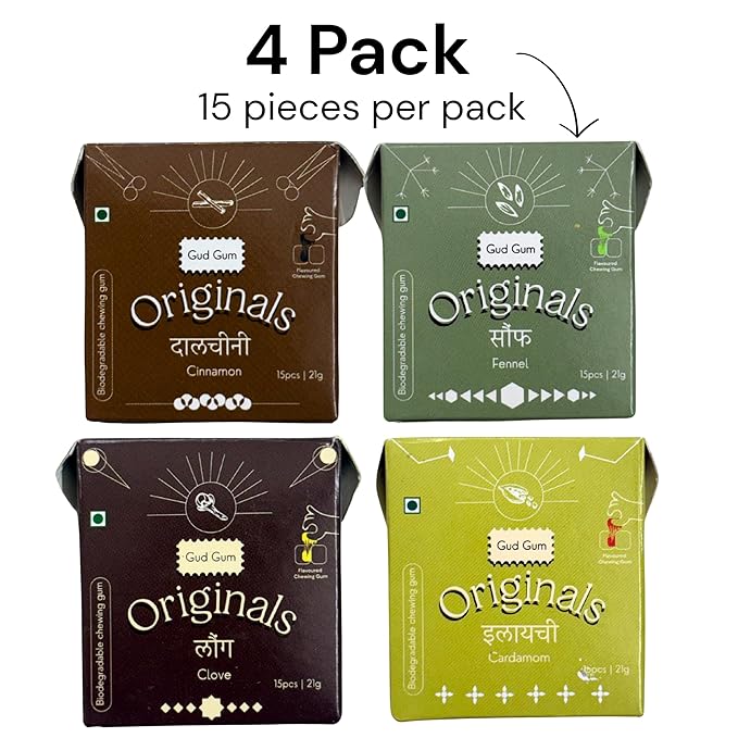 Gud Gum- Natural, Plastic Free Chewing Gum- Clove, Cardamom, Fennel, Cinnamon- 21g x 4 - Mini Pack of 4- No added artificial colours, flavours & sweeteners (Pack of 4, Assorted)