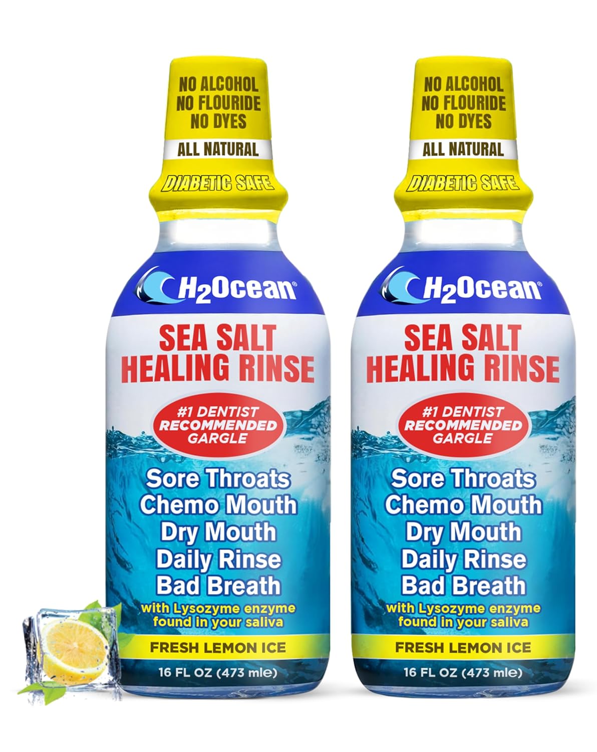 H2Ocean Healing Rinse Natural Sea Salt Oral Care - Mouth Rinse for Oral Care - Great for Piercings, Sore Throats & Gum Health - Alcohol- & Fluoride-Free Mouthwash - Lemon Ice, 16 oz (Pack of 2)