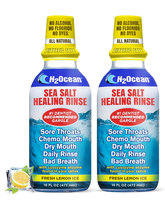 H2Ocean Healing Rinse Natural Sea Salt Oral Care - Mouth Rinse for Oral Care - Great for Piercings, Sore Throats & Gum Health - Alcohol- & Fluoride-Free Mouthwash - Lemon Ice, 16 oz (Pack of 2)