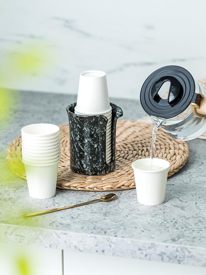 Bathroom Cup Dispenser 3 Oz, Ceramic Bathroom Cup Holder Mouthwash Cup Dispenser, Small Paper Cup Dispenser for Bathroom Vanity Countertop, Black