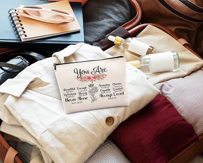 kdqua Christian You are Enough Makeup Bag, Feminist Gift Inspirational Bible Verse Linen Cosmetic Bag Zipper Pouch Travel Organizer Toiletry Bag, Religious Gifts Idea for Women Mom Coworker Friends
