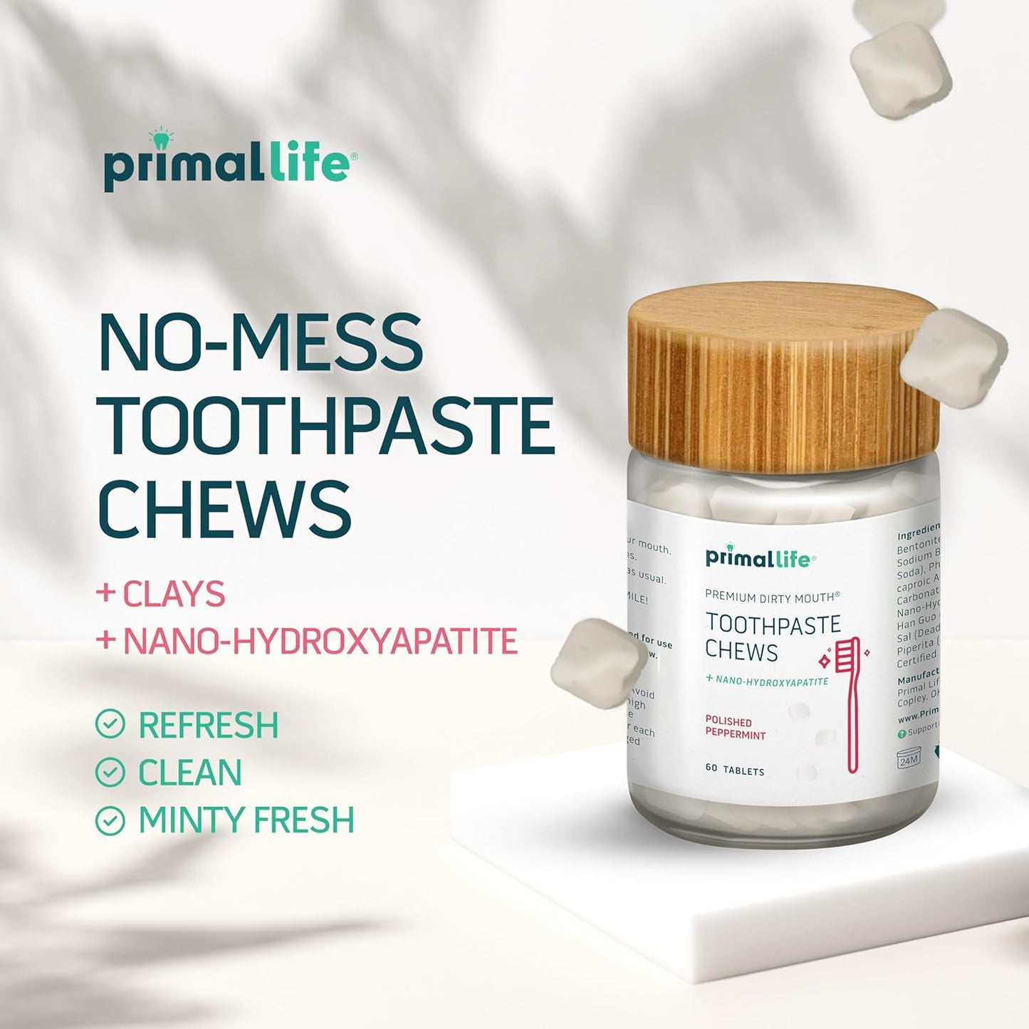 Primal Life Organics Premium Dirty Mouth Toothpaste Chews – Nano-Hydroxyapatite Whitening Toothpaste Tablets for Adults - Gluten Free, Vegan, Paleo - 60 Tablets in Jar - Polished Peppermint