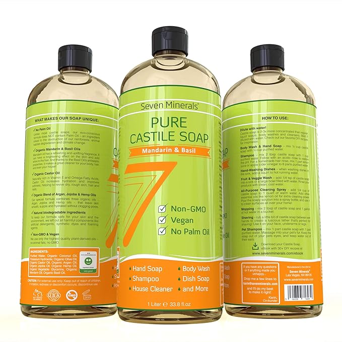 Seven Minerals Pure Castile Soap, Mandarin Basil - No Palm Oil, GMO-Free - Gentle Liquid Soap For Sensitive Skin & Baby Wash - All Natural Vegan Formula with Organic Carrier Oils (33.8 fl oz)