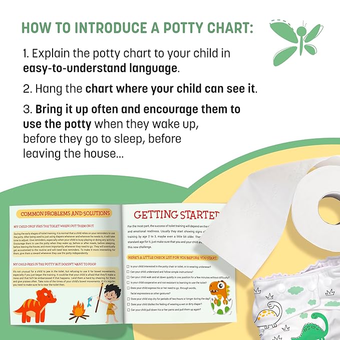 Potty Training Chart for Toddlers, Dinosaur Design Reward Chart - 194 Cool Stickers, 2 Fun Crowns, Motivational Certificate, Bonus Instruction Cards, Booklet & Erasable Pen for Boys and Girls