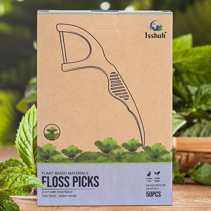 Plant Based Dental Floss Picks (300 Count) - Freshlock EcoPouch, Plant Based, Vegan, Eco Friendly, Sustainable Dental Flossers - Twin Floss (Mint)