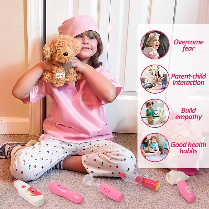 Liberry Doctor Kit for Toddlers Age 3 4 5 6, 26 Pcs Kids Doctor Playset with Dog Toy, Stethoscope and Dress Up Costume, Pretend Play Medical for Girls, Pink